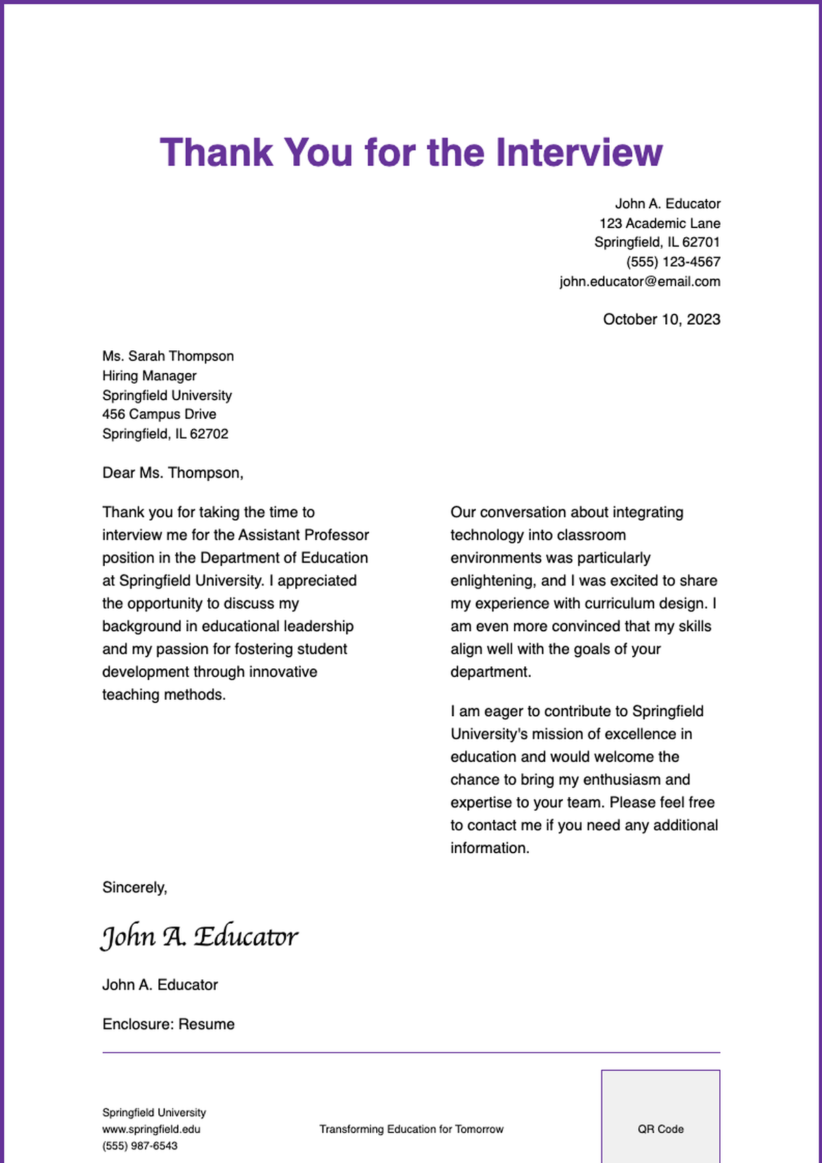 Sample post interview thank you letter for education careers_variant_1